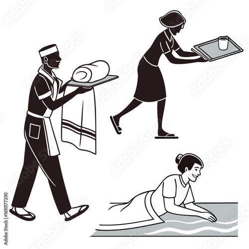 Resort staff serving guests by pool service poolside