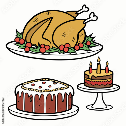 Roast turkey and festive cakes christmas dinner