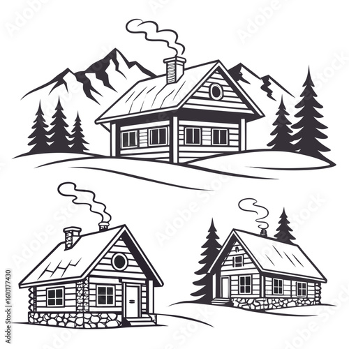 Rustic cabins with snowy mountains and pine trees log cabin