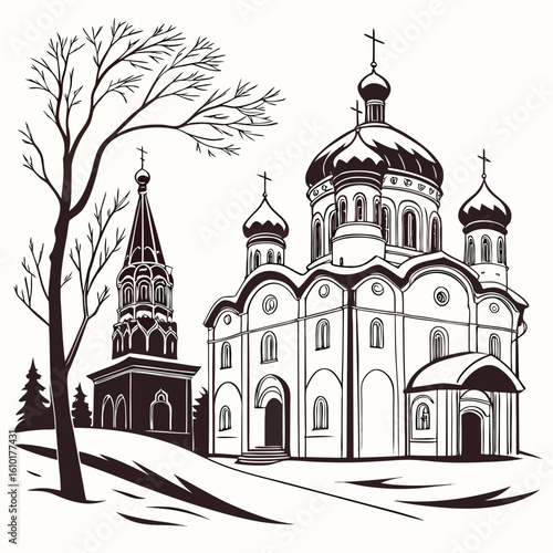 Russian Orthodox churches winter landscape silhouette