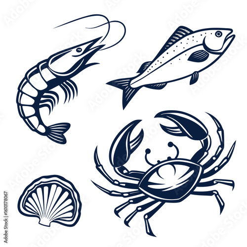 Seafood icons shrimp fish crab oyster vector