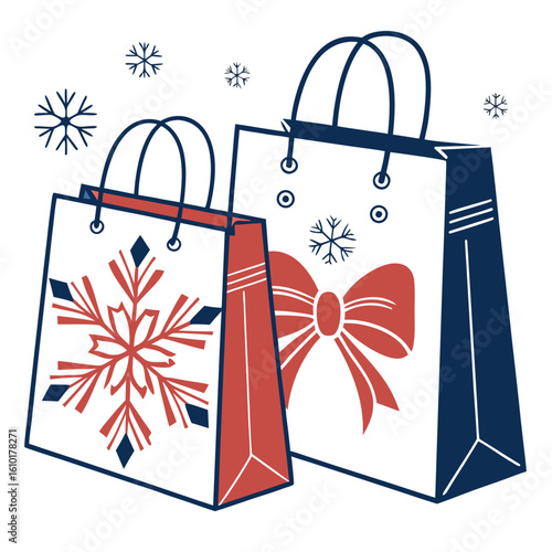 Shopping bags with snowflakes and bows holiday Christmas