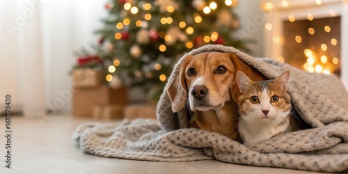 Adorable dog and cat together under blanket at room decorated for Christmas.