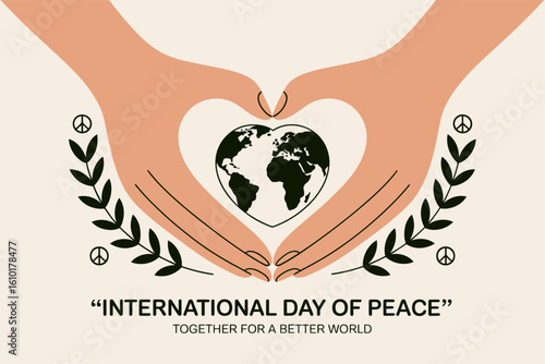 International Day of Peace creative card with hands and heart, together for a better world, unity hope, vector illustration