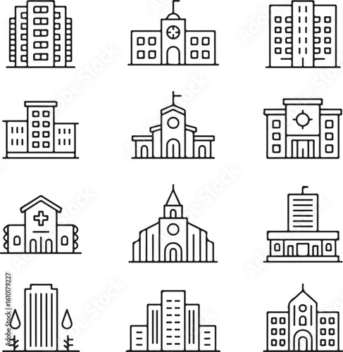 Residential and Public Building Line Icon Set in Modern Minimal Vector Style, Isolated on White Background