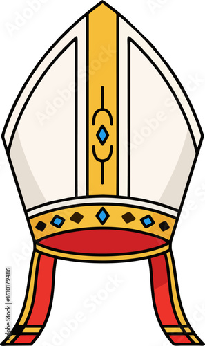 Elegant Bishop Mitre Hat Vector with Blue Gem Accents and Red Lappets