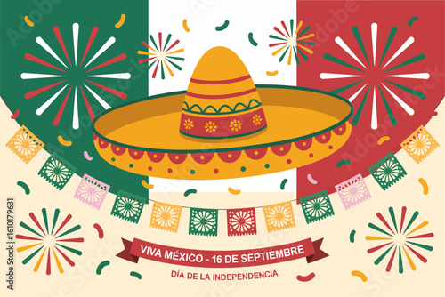 Viva Mexico poster with sombrero, fireworks, September 16, independence day, fiesta celebration, vector greeting card