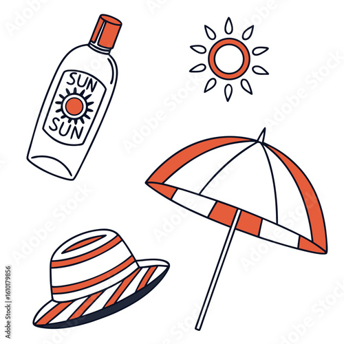 Sunscreen bottle beach hat umbrella sun protection