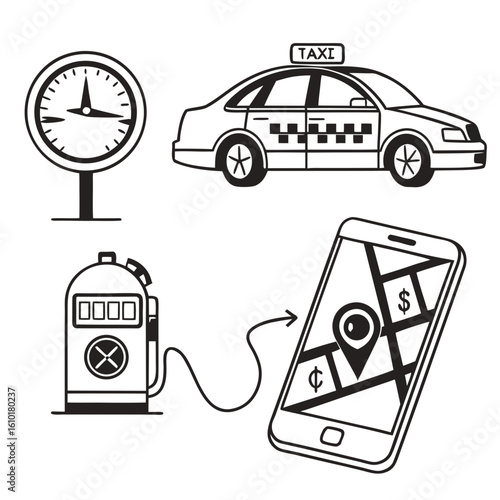 Taxi meter phone and gas pump icons ride share