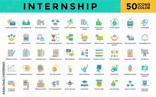 Internship icons set with work experience, job shadowing, real world tasks, department rotation, career coaching, performance review, professional behavior icon. Simple flat color vector 
