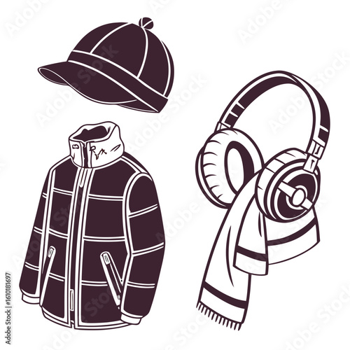Winter apparel set baseball cap puffer coat headphones scarf
