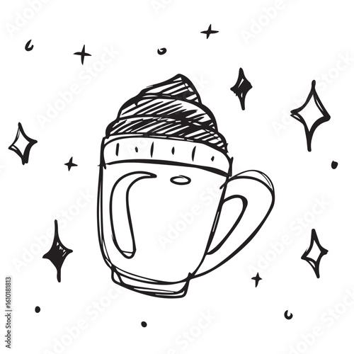 doodle of a hot chocolate mug topped with whipped cream, surrounded by stars and dots, suggesting a cozy or magical theme.
