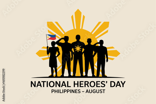 National Heroes Day Philippines card with sun and people, August celebration, unity and pride, vector illustration
