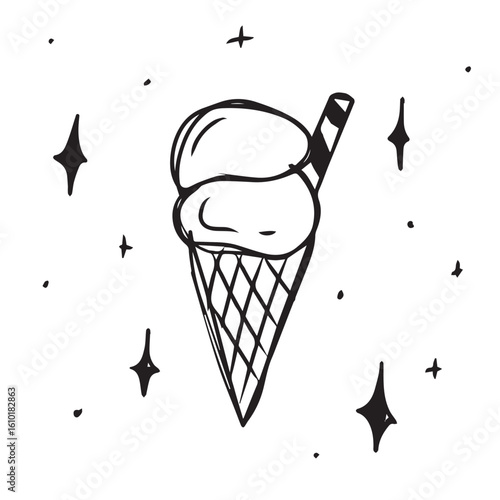 a black and white doodle illustration of an ice cream cone with two scoops and a stick, surrounded by sparkles. doodle ice cream cute with sparkles