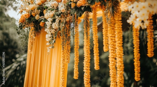Floral archway, vibrant yellow garlands, soft drapes