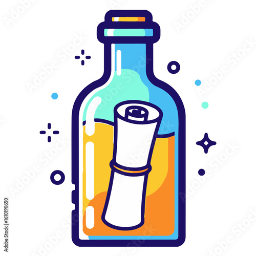 Cartoon illustration of a bottle containing a rolled-up message floating in liquid.