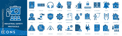 Industrial Safety Protocols icon set. Safety Guidelines, Warning Label, Ear Protection, Fire Prevention, Gas Detector, Emergency Exit and Machine Lockout