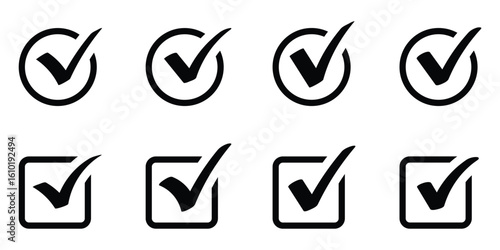 Checkmark icon set vector on white background. Black check mark in a circle and square, signifying approval, confirmation, or correctness.