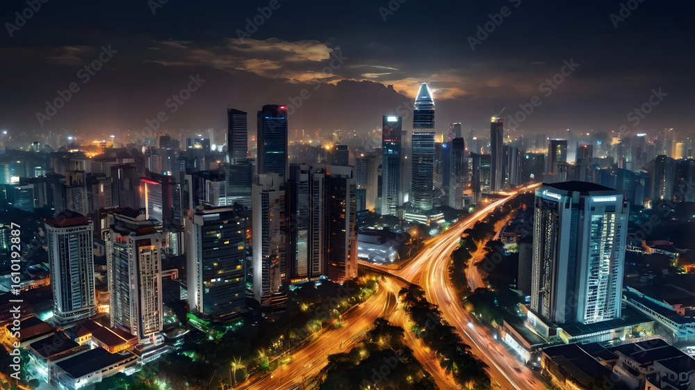 Obraz premium City Skyline Illuminated by Warm Evening Light and Traffic