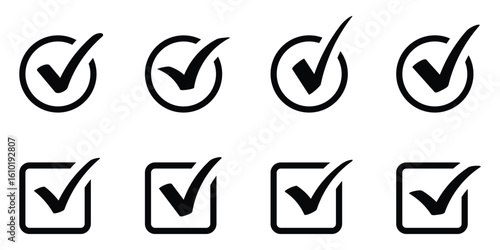 Checkmark icon set vector on white background. Black check mark in a circle and square, signifying approval, confirmation, or correctness.