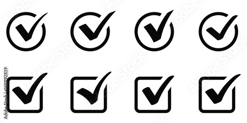 Checkmark icon set vector on white background. Black check mark in a circle and square, signifying approval, confirmation, or correctness.