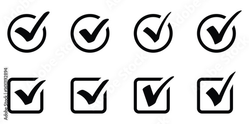 Checkmark icon set vector on white background. Black check mark in a circle and square, signifying approval, confirmation, or correctness.