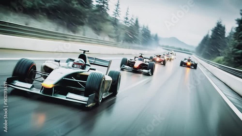 Showcasing a line of advanced racing vehicles in full throttle on a misty, winding track.