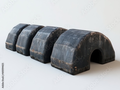 Isolated dock fenders with soft lighting showcasing durability and protection against impact for marine infrastructure applications