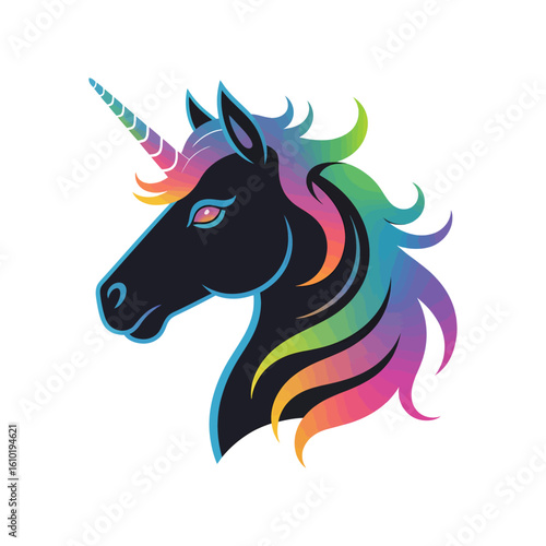 colorful unicorn head with glowing horn vector illustration