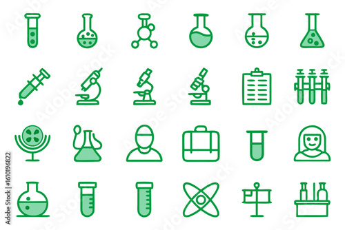 Comprehensive collection of scientific laboratory equipment and research symbols presented in a clean modern line art style with distinct color accents for clarity and visual appeal