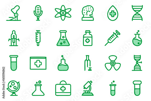 Collection of scientific research and laboratory equipment symbols for medical and chemistry applications presented in a clean outline style