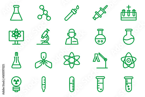 Comprehensive collection of scientific laboratory research and medical experiments presented as clean modern line graphics for professional use