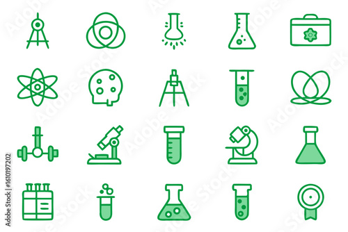 Scientific research laboratory equipment and tools collection featuring clean line graphics and a vibrant color palette for medical and science projects