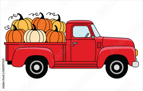 Vector illustration of a blue truck with pumpkins. Perfect for fall season themes, harvest celebration designs, and Thanksgiving artwork.