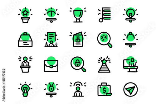 Comprehensive line art icon collection representing business licensing agreements and franchise opportunities for commercial use