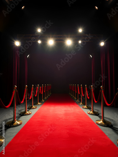Bright spotlights illuminate a red carpet walkway flanked by velvet rope barriers. The scene evokes a glamorous, star-studded event with a sense of anticipation. Dramatic lighting emphasizes the