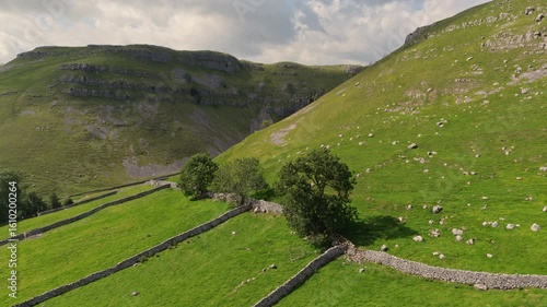 Aerial Drone View of Gordale Scar and Yorkshire Limestone Landscape Near Malham Cove