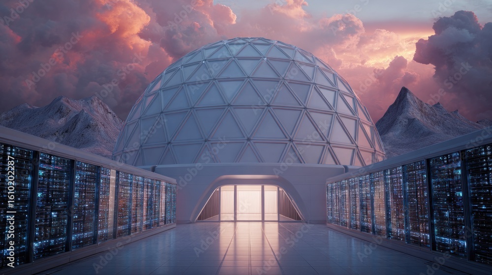 Obraz premium Futuristic dome structure over mountain range