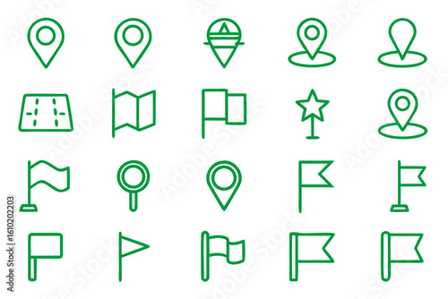 Collection of stylized line art symbols representing navigation points and geographical markers presented in a clean and modern graphic style