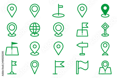 Collection of stylized line art symbols representing geographical points of interest and navigation markers presented in a clean modern aesthetic with distinct outlines