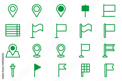 Comprehensive collection of clean modern line art symbols representing geographical points navigation and travel destinations for digital interfaces and print media