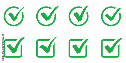 Free Download green check mark icon set in circle and square. Tick icon button set. Yes or done symbol, approved or ok icon. - GFXLoad