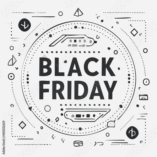 Black Friday Promo: An eye-catching hand-drawn graphic that perfectly captures the spirit of shopping deals on the annual Black Friday, a time for incredible savings and fantastic promotional offers.