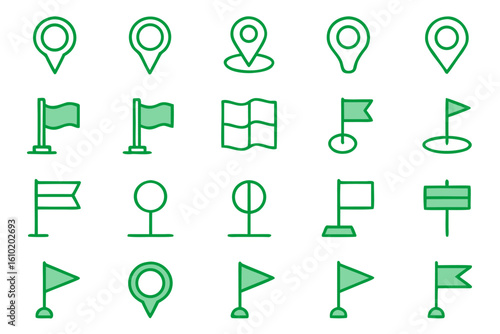 Collection of outline map pointers and location symbols featuring essential navigation and geographic markers in vivid colors for digital use