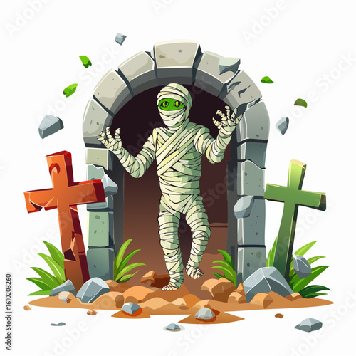 Mummy Emerges: A digitally crafted illustration of a mummy emerging from an aged tomb, creating a sense of mystery and thrilling suspense.
