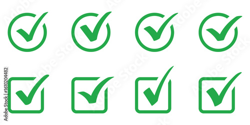 Free Download Green check mark icon set in circle and square. Tick symbol in green color. Check mark icon vector design. Check marks symbol collection. Round tick icons for verified tasks and validations. - GFXLoad