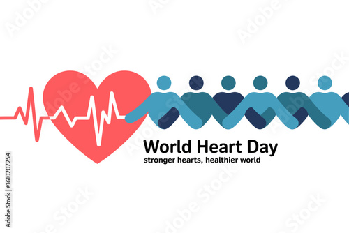 World Heart Day creative poster with heart and heartbeat line, stronger hearts healthier world, vector greeting card