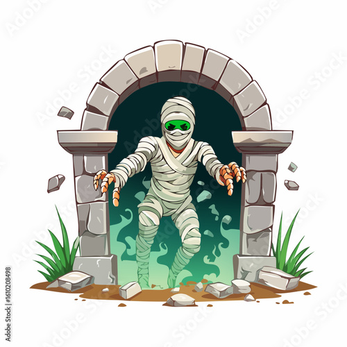 The Mummy's Awakening: An eerie illustration captures the animated image of a mummy emerging from a tomb, wrapped in bandages, and appearing with glowing green eyes