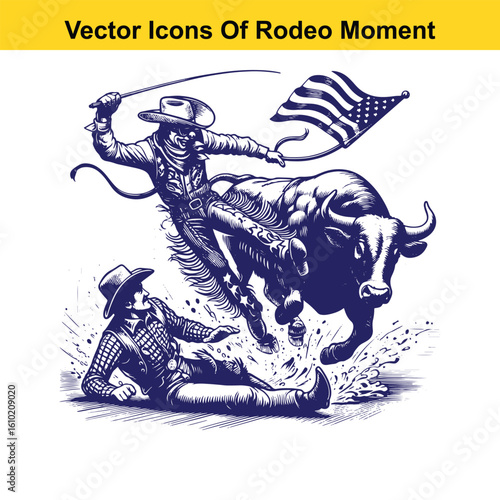 Rodeo Clown Saving Cowboy – Western Heroic Moment Vector
