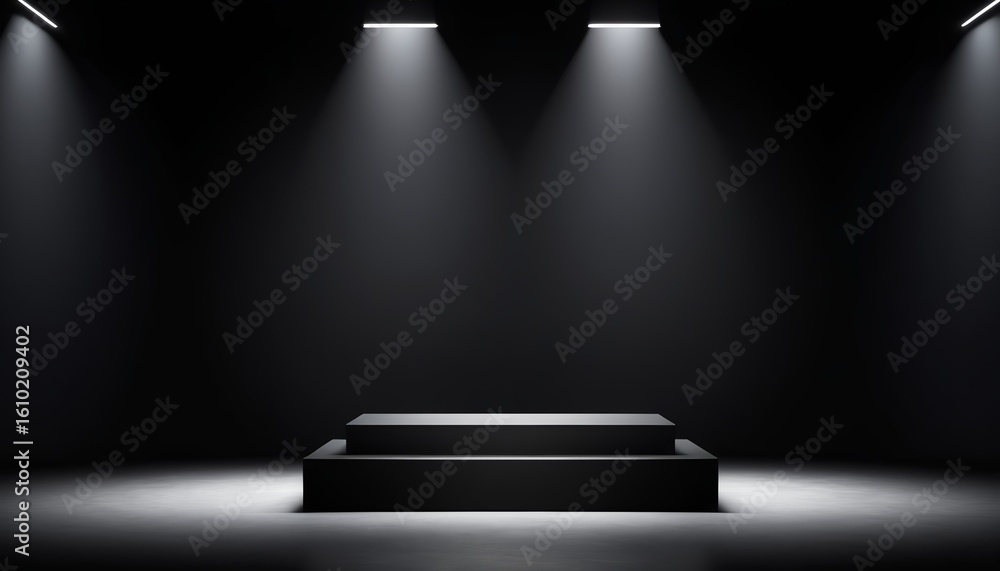 Obraz premium Illuminated stage showcases a two-tiered platform, bathed in striking spotlights and dark backdrop.